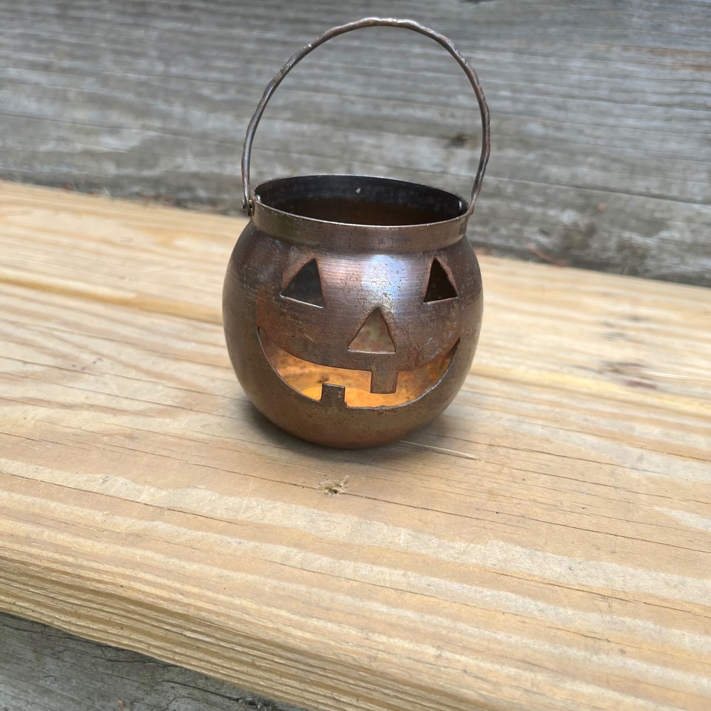Vintage Hosley USA Copper Jack-O-Lantern Metal Votive Holder Halloween Decor